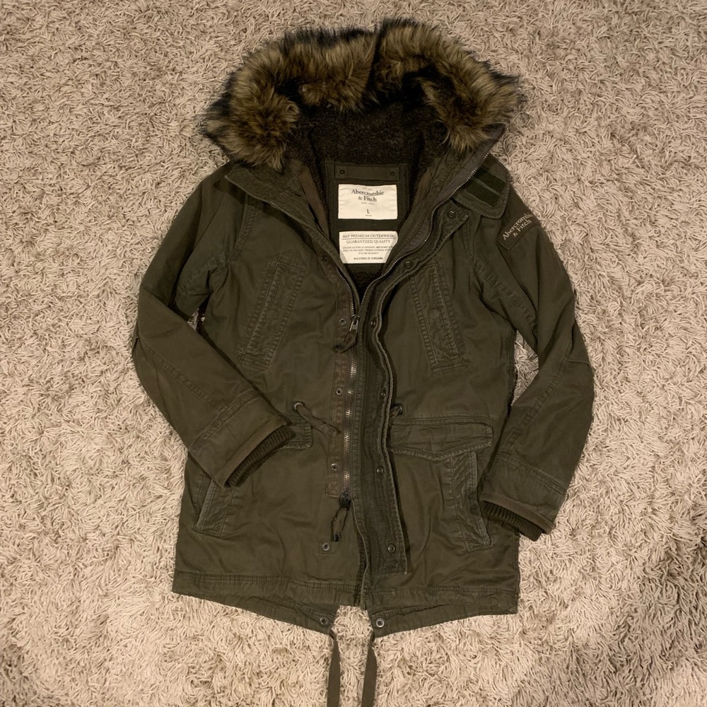 Abercrombie & Fitch Olive Parka with Faux Fur Hood